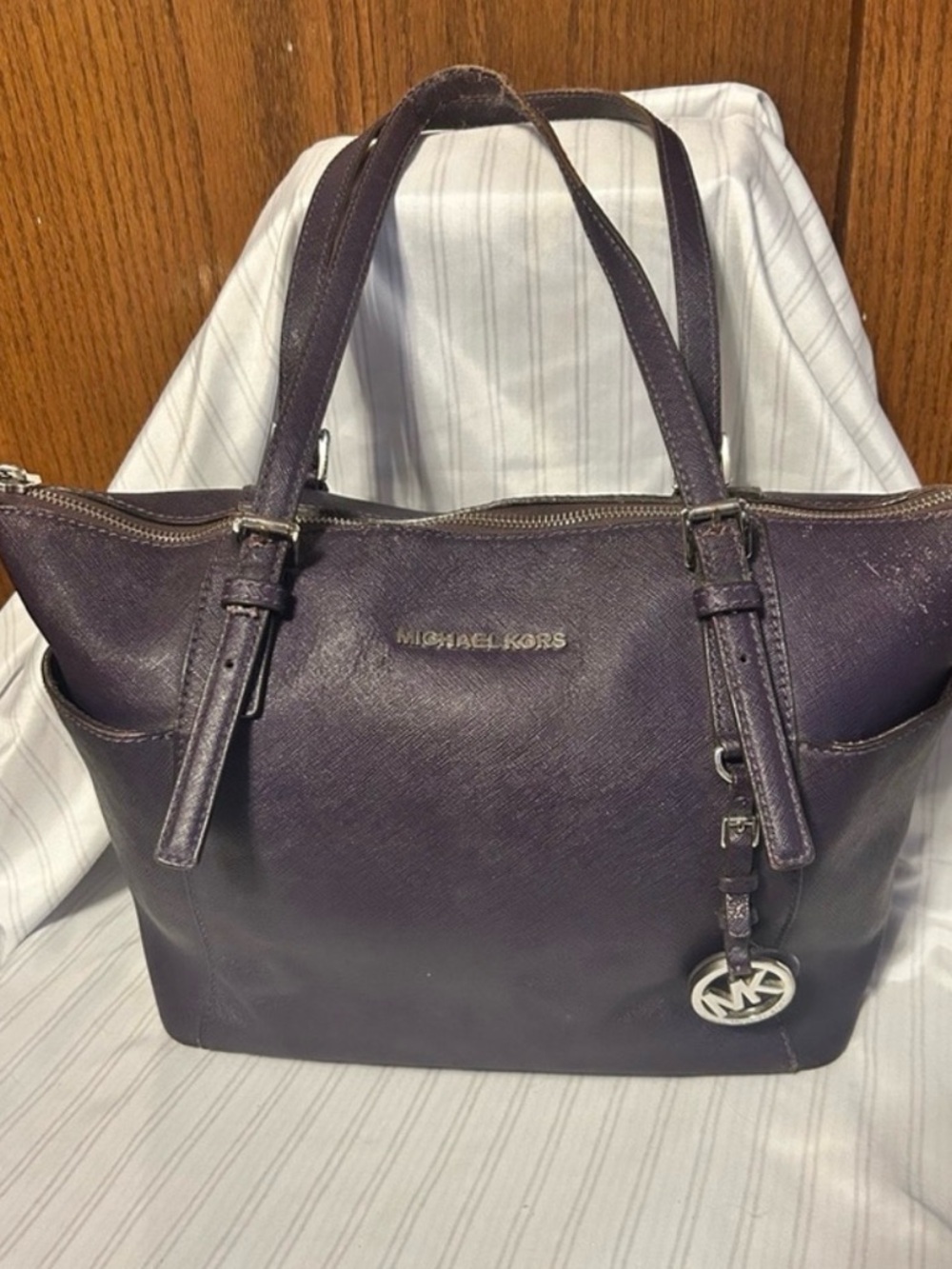 Michael Kors Plum Leather Tote with MK Charm
